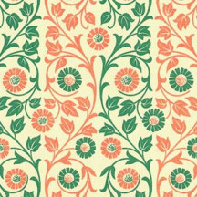 Orange and Green Flower and Vine Print Italian Paper ~ Carta Varese Italy